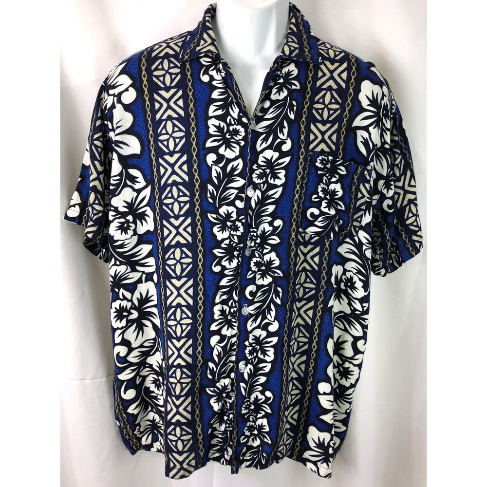 Vintage Koko Hawaiian Shirt M Blue Tropical ButtonUp Rayon Beach Luau Surf Retro